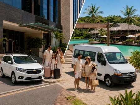 Turistas embarcando em uma van para realizar transfer e passeios privativos em Fortaleza.